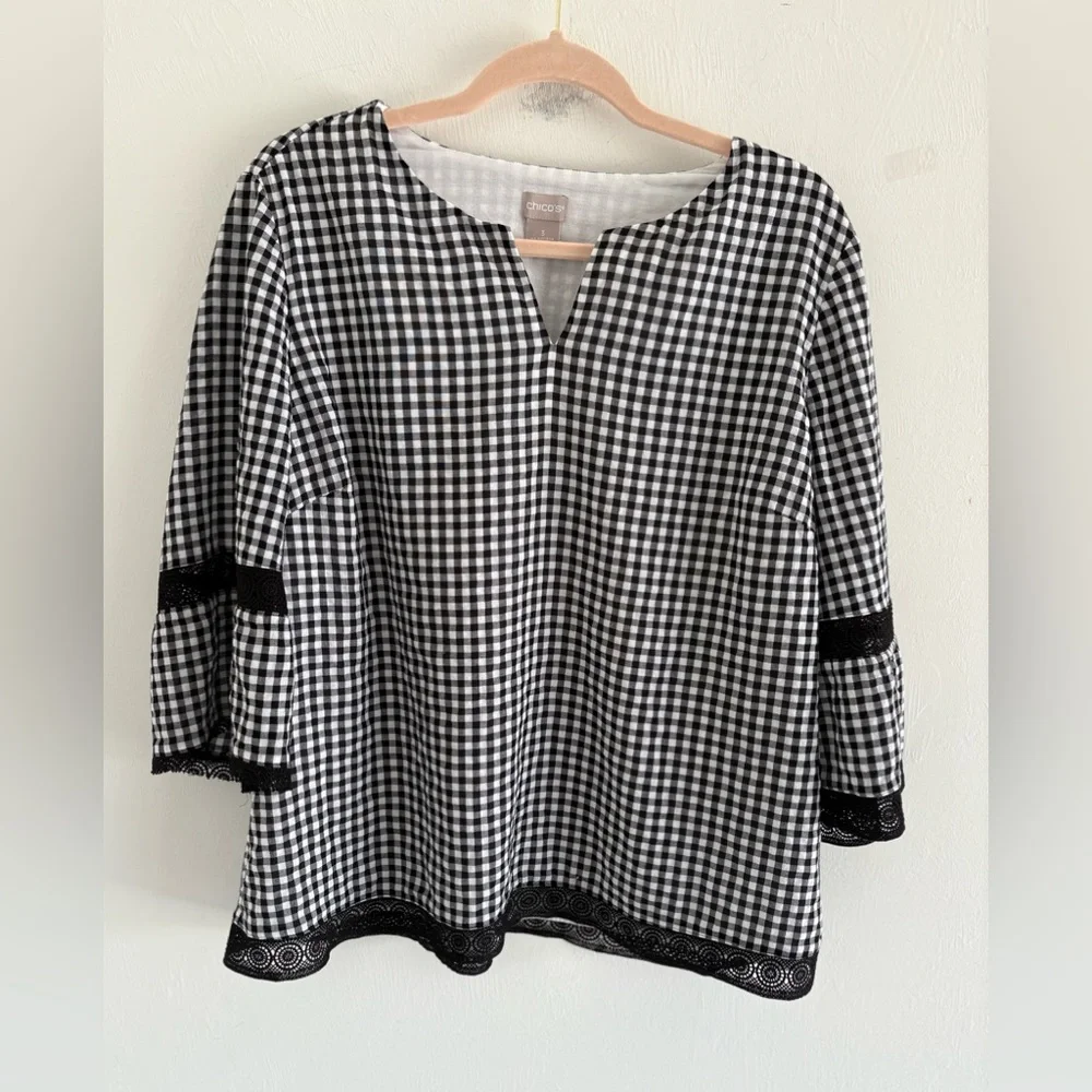 Chico's Black and White Gingham Women's Top - Picture 3 of 10